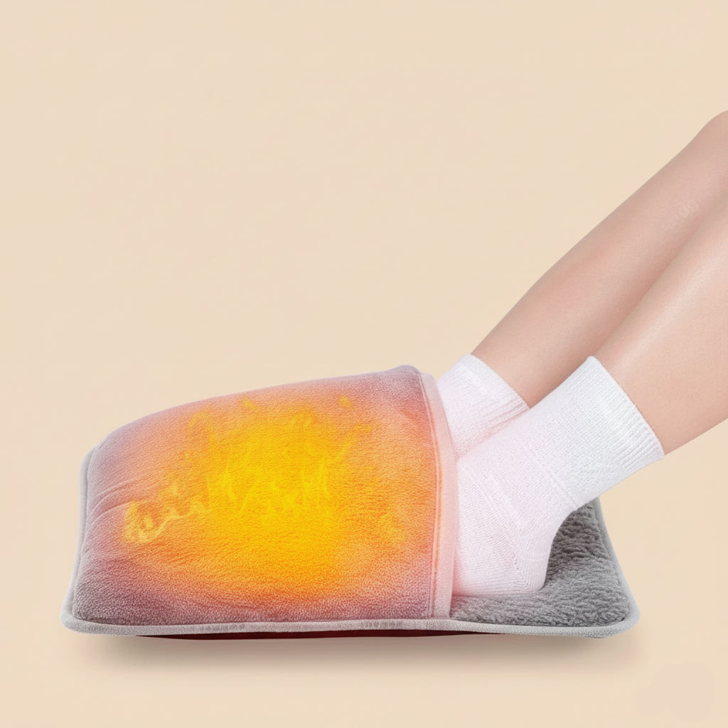 Szary pluszowy elektryczny ogrzewacz do stóp USB pod biurkiem.